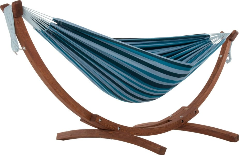 Double Cotton Hammock with Solid Pine Arc Stand- Blue Lagoon