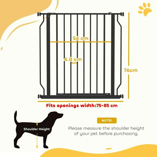Black dog gate layout diagram with vertical bars and hinged door panel