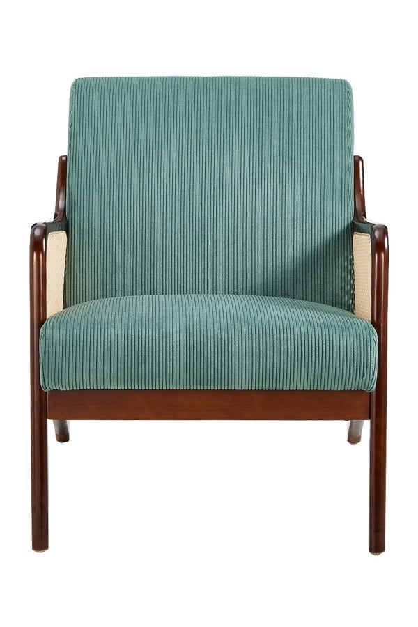 Living and Home Green Corduroy Armchair with Rattan Armrest