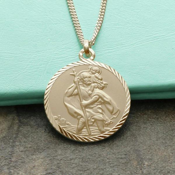 Christopher James of London 9ct Yellow Gold Plated Diamond Cut 20mm St Christopher Pendant With Optional Engraving and Chain