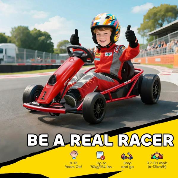 Red electric kids go-kart with helmeted child driver giving a thumbs-up, front view