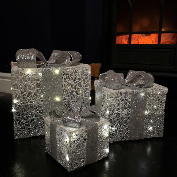 Samuel Alexander Set of 3 Battery Operated Silver Sparkly Christmas Gift Boxes with LEDs