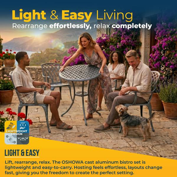 Homeology OSHOWA Luxurious Garden and Patio Table and 4 Large Chairs with Armrests Cast Aluminium Bistro Set - Grey