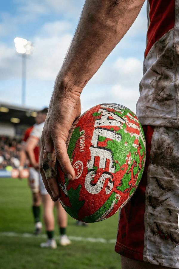 Muddy player holding a red, green and white Optimum Wales rugby ball with WALES print in a stadium - Optimum