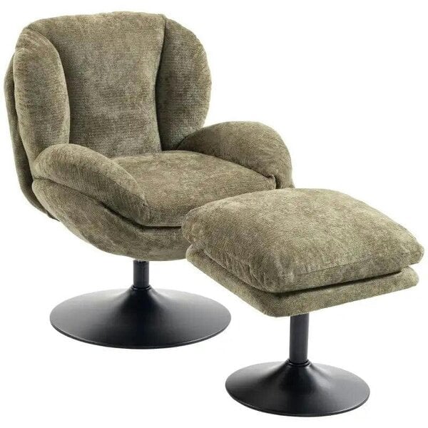 Modern Chenille Lazy Chair with Ottoman, 360° Swivel, Upholstered Reading Seat Set for Living Room, Dark Green