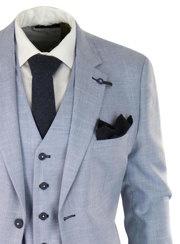House of Cavani Mens 3 Piece Linen Suit Light Blue Summer Tailored Fit Wedding Prom Classic Suit