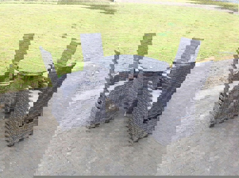 Fimous Dark Grey Mixed Outdoor Wicker Rattan Garden Furniture Reclining Chair And Table Dining Sets 4 Seater Round Table