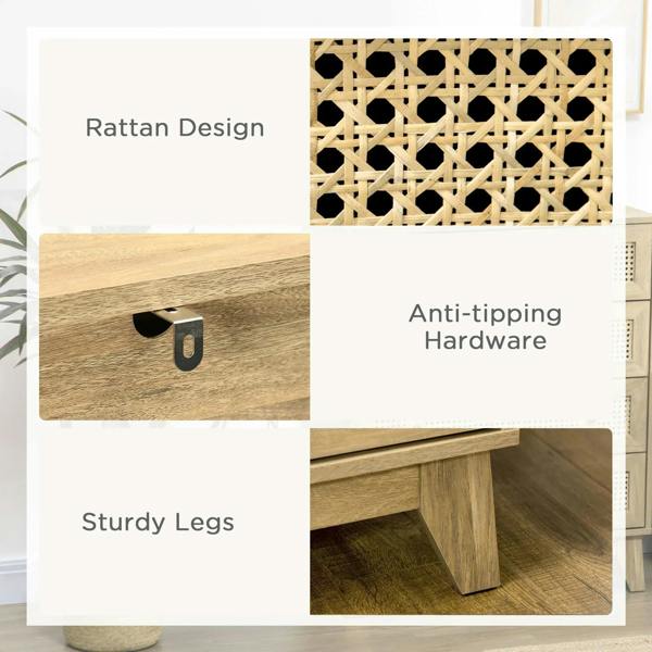 Rattan drawer-front detail with sturdy legs and anti-tipping hardware on wood-effect cabinet