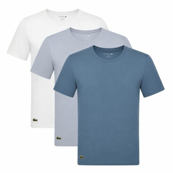 Lacoste 3-pack of cotton lounge t-shirts in white, phoenix blue, and abyss blue.
