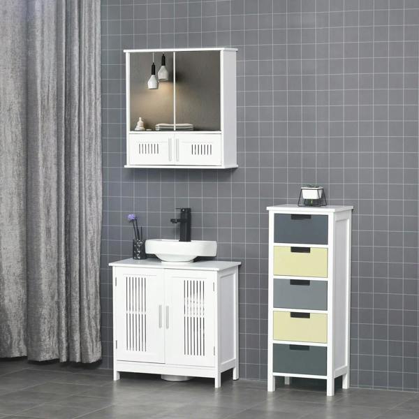 White wall-mounted bathroom mirror cabinet with double doors and vented lower storage panels