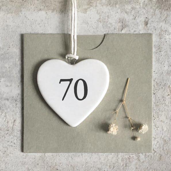 Mini Porcelain Hanging Heart – “70” Birthday Keepsake Elegant Milestone Gift