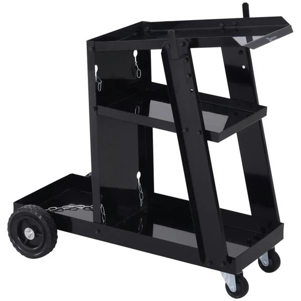 Black welding cart trolley with open frame, safety chains, and caster wheels