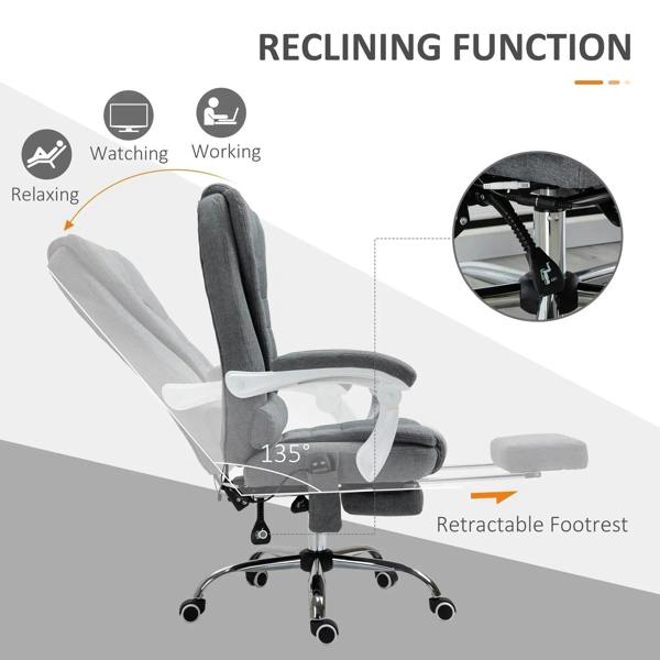 Grey recline massage chair with high back, retractable footrest, and chrome rolling base