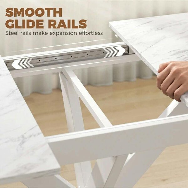 Extendable Dining Table Steel Cross Legs Steel Rails Space Saving White