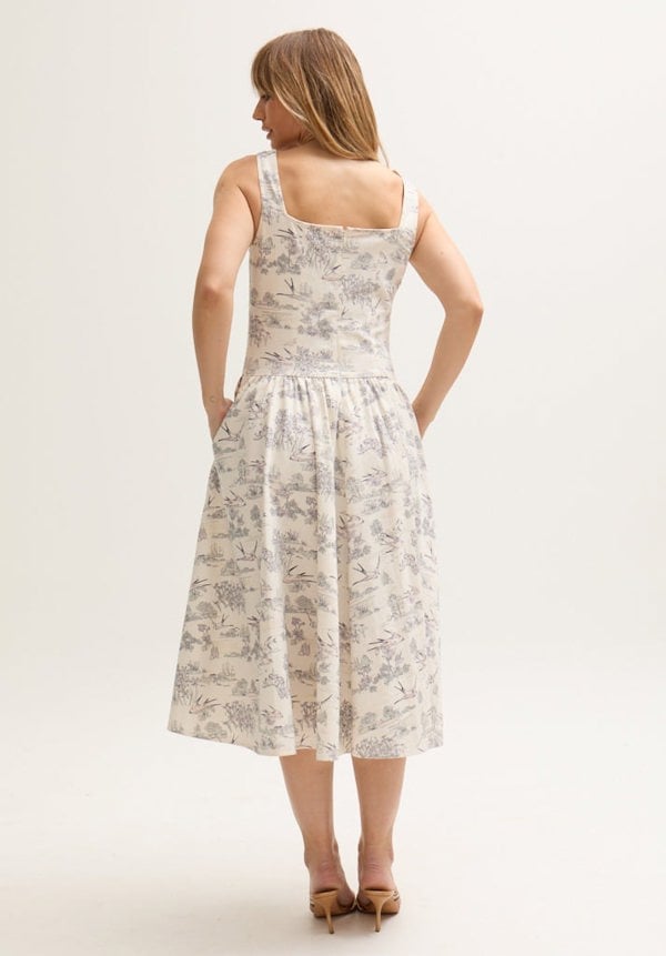 Hayley Corset Inspired Josephine Print Midi Dress In Cream