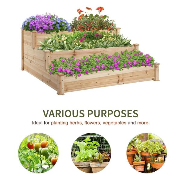 Three-tier raised wooden garden planter with colorful flowers and mixed plants