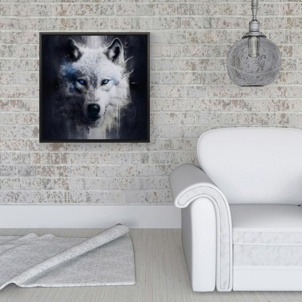 Warren Reed White Wolf Face Splash Art Dark Backgrouns Framed Canvas