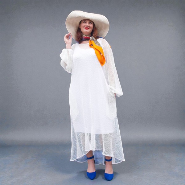 Women's Plus Size Aphrodite White Holiday Resort Dress with a white undergarment, paired with a white sunhat, the Cherry Blossom Silk Scarf and blue heels for a chic holiday look.