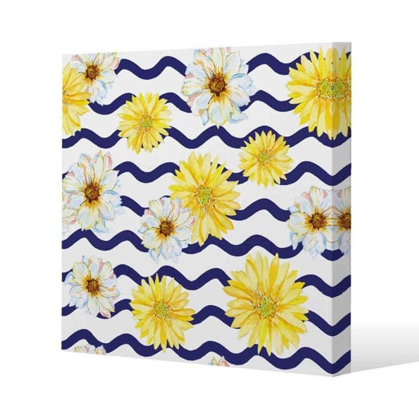 Benjamin Tate Design Bright Yellow Flowers & Zig Zags Slim Style Canvas Print  50x50cm , 15mm Slim Real wood.