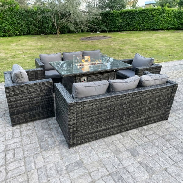 Fimous Outdoor 8 Seater Rattan Lounge & Dining Set | Gas Fire Pit Table & Heater, Chairs - Dark Grey