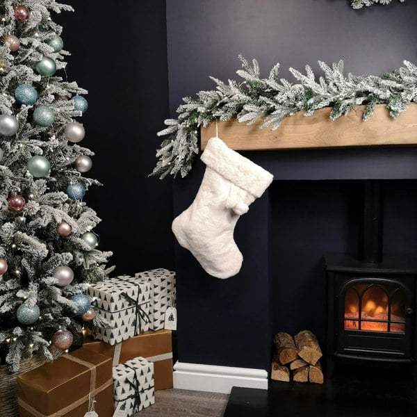 Samuel Alexander 50cm Winter White Faux Fur Hanging Christmas Stocking with Pom Poms