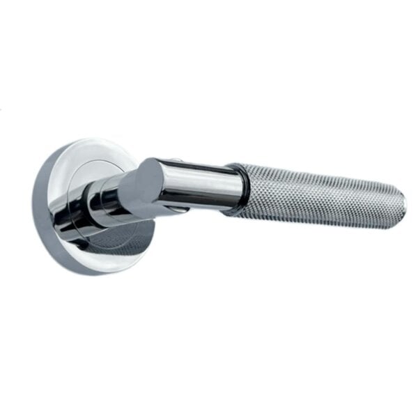EDH Door Hardware Polished Chrome Knurled Door Handles on Round Rose – Modern Internal Lever Latch Handles