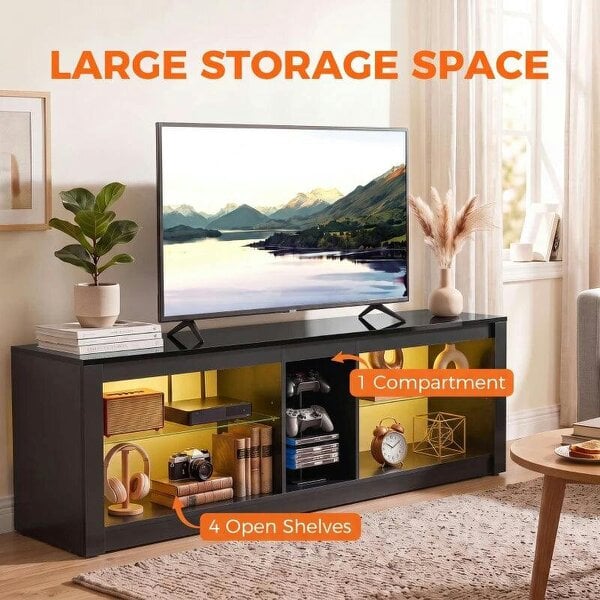 TV Stand Cabinet with LED Lights and Remote Control for TVs up to 65", Entertainment Centre with Storage Shelves, Black