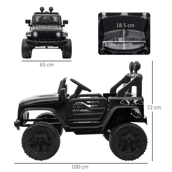 Black kids electric ride-on car side view with mesh grille and large off-road wheels