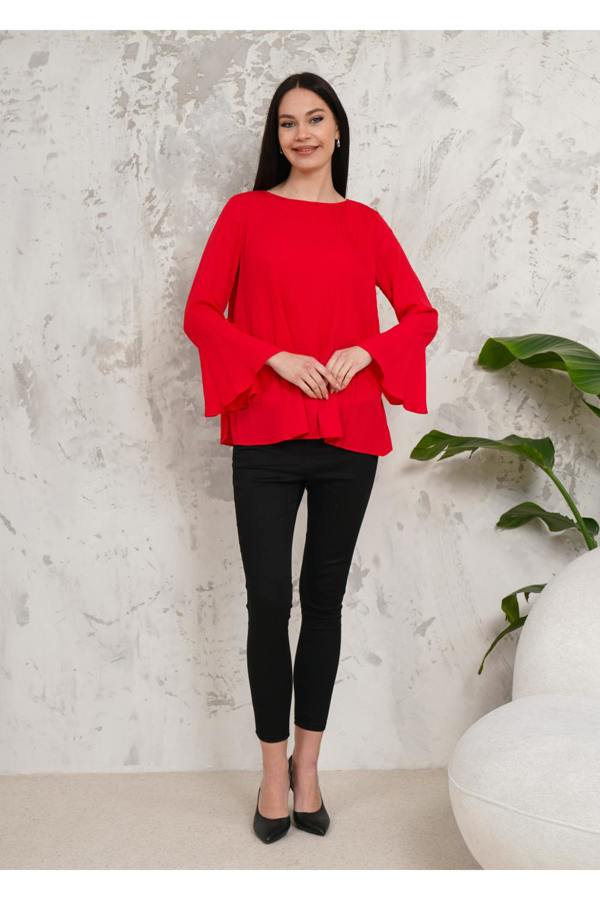 Hoxton Gal Oversized Bell Sleeve Detailed Pleated Blouse Top in Red