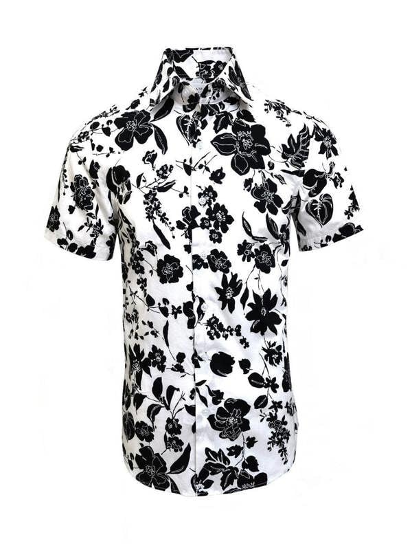White & Black Flower Print Short Sleeves Shirt