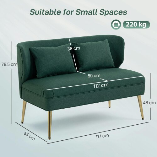 Wyld Haus Madi Linen Effect Dark Green 2 Seater Sofa With Wingback Design And Gold Metal Legs