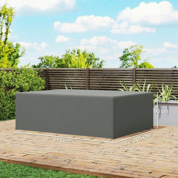 Dark gray outdoor sofa set cover with size markings visible on the cover front.