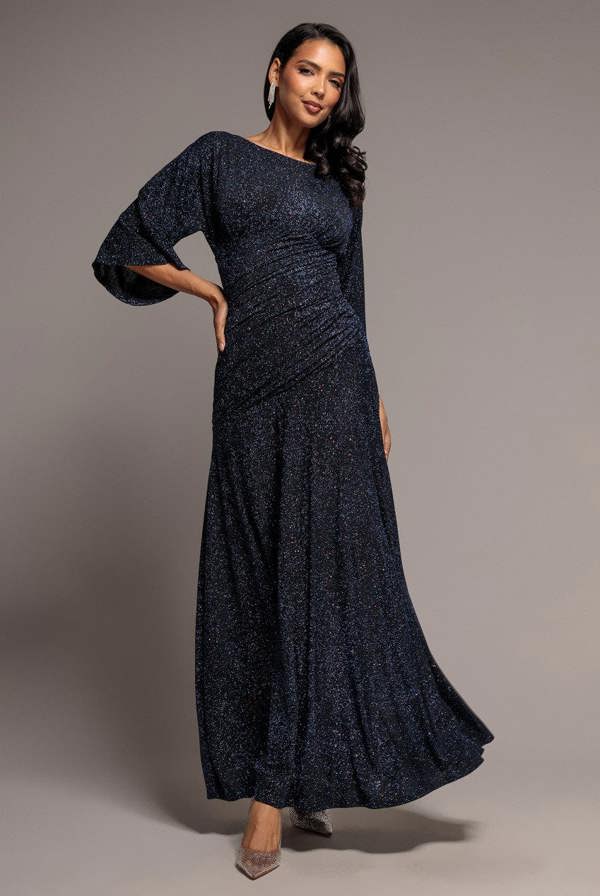 Lurex Kimono Sleeve Gathered Waist Maxi Dress - Navy Blue DR5196