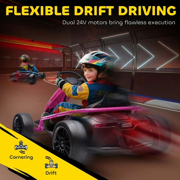 Pink kids electric go-kart drifting with helmeted child seated, motion blur on frame