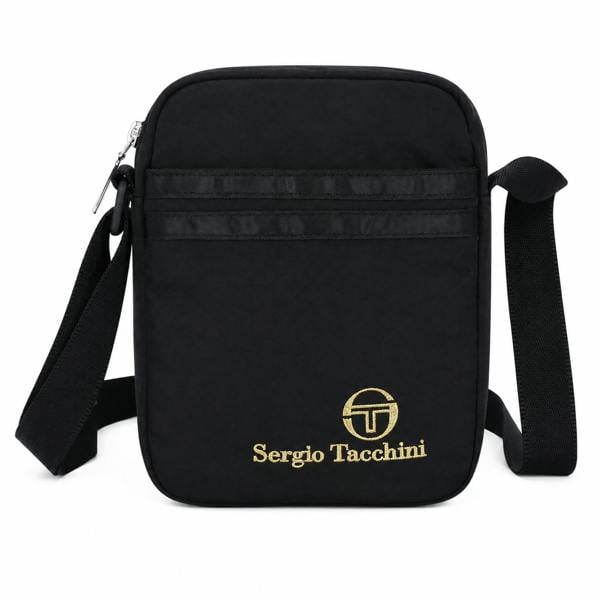 Black Sergio Tacchini Sarchi crossbody bag with an adjustable strap, gold logo embroidery, and a zippered main compartment.