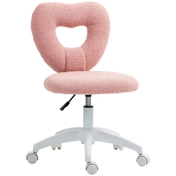 Pink teddy fleece armless swivel desk chair with heart-shaped back, height lift and wheels