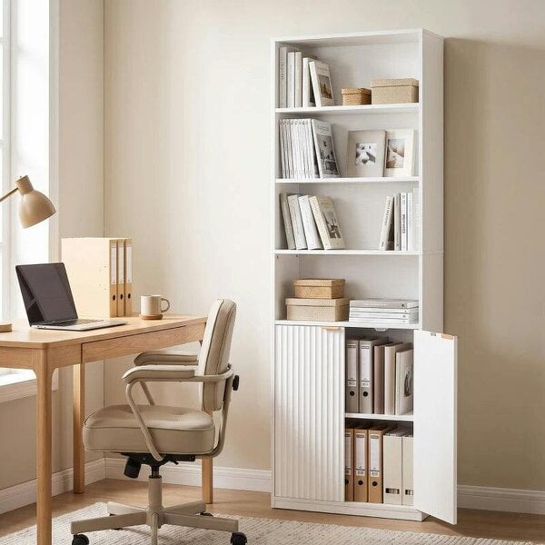 Bookcase Adjustable Shelf Bookshelf Anti-Tip Hardware 6-Tier, White - White
