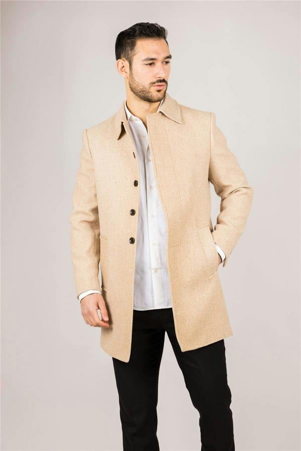 Infinity Leather Men's Wool Blend Classic Collar Beige Overcoat