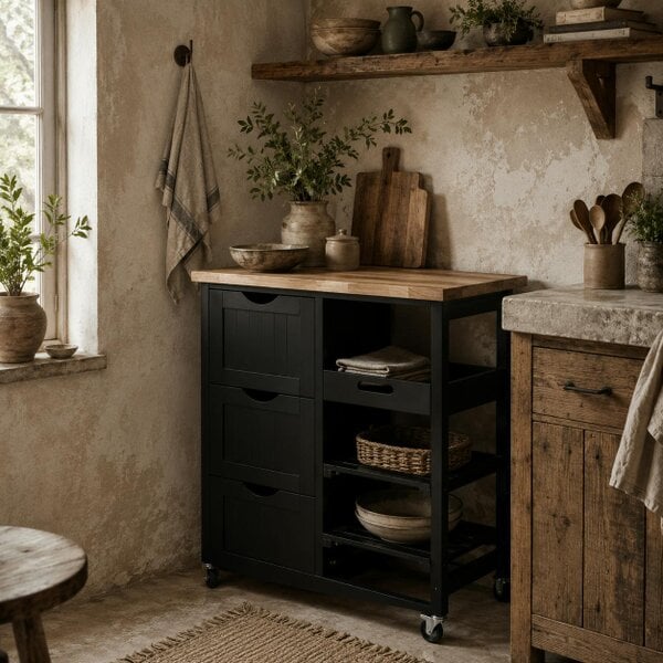 Wyld Haus Tovafi Wooden Black Compact Rolling Kitchen Island With Wood Top Shelves And Drawers
