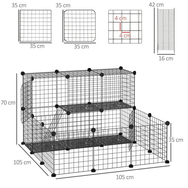 Black pet playpen with door and two-tier ramp system; includes size diagram