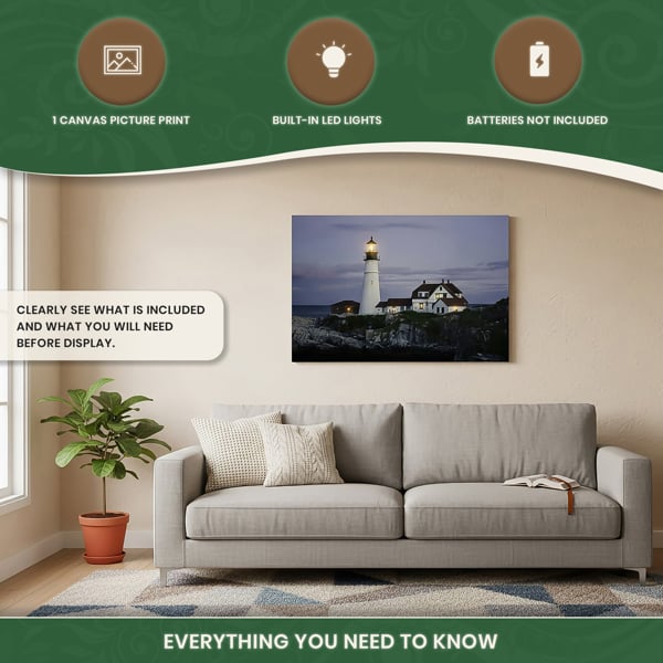 Large Lighthouse Scene Canvas Picture Print with 6 LED Lights, Wooden Frame Wall Art with Side Switch, 60cm x 40cm