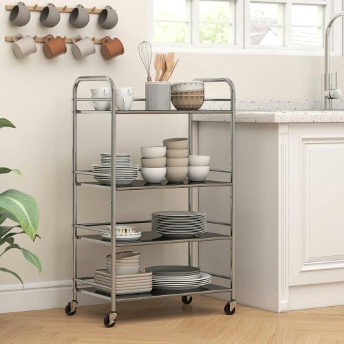 Wyld Haus Lalu Stainless Steel Silver 4 Tier Kitchen Trolley With Adjustable Shelves
