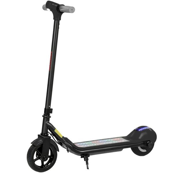 Kids electric scooter with LED display, black frame and deck, single kickstand