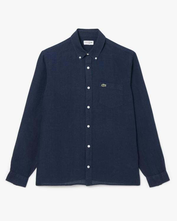 Lacoste Regular Fit Long Sleeve Mens Linen Shirt - Navy Blue 166 | CHO | Designer Mens Long Sleeve Shirts