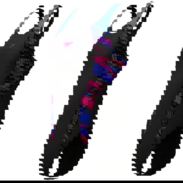 Black Speedo Placement Laneback Swimsuit with colorful geometric neoprene back