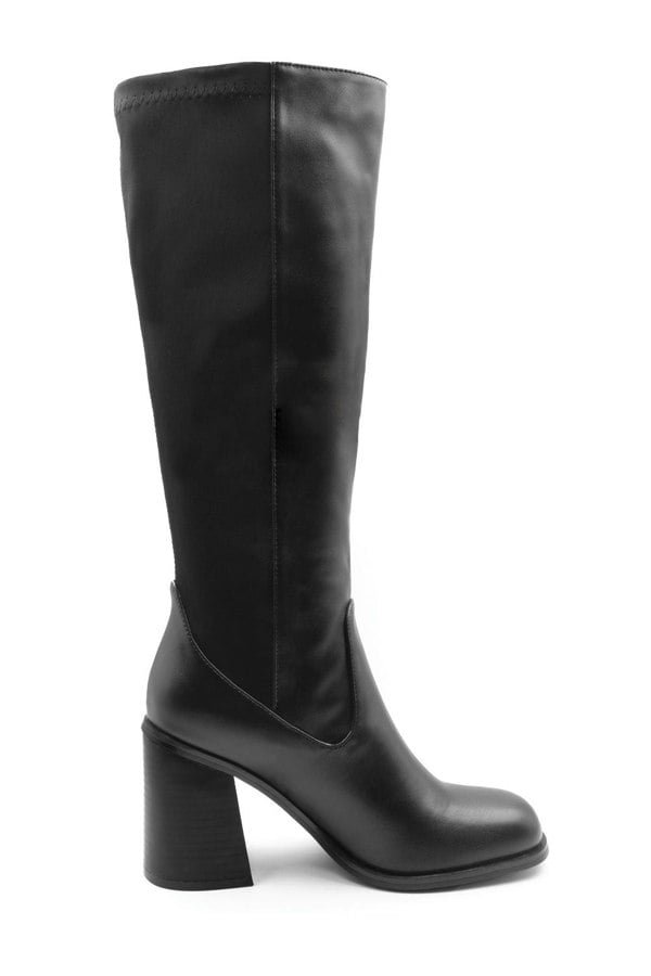 Where's That From Zhuri Mid Block Heel Knee High Boots With Stretch and Side Zip in Black Faux Leather