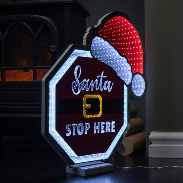 Samuel Alexander 40cm Light up Christmas Santa Stop Here Sign with Hat Infinity Decoration & LEDs