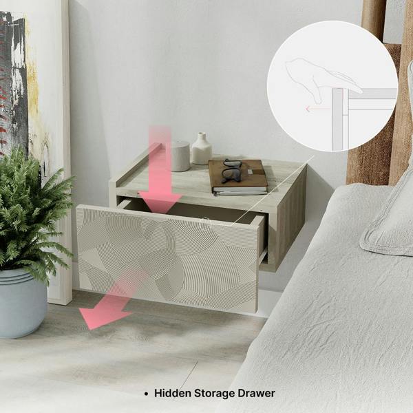 Decortie Floating Bedside Table w/Drawer, Underneath LED Light Handleless Modern Nightstand Wall-Mounted Storage