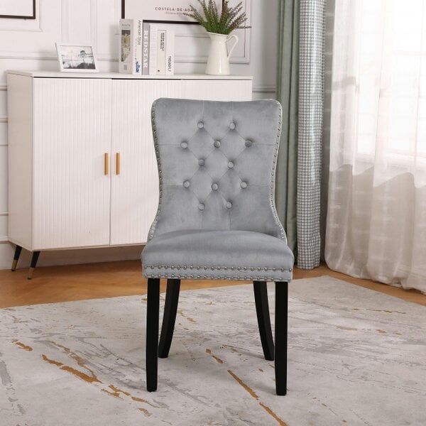 Neo Set Of Two Grey Studded Velvet Dining Table Chairs with Ring Knocker