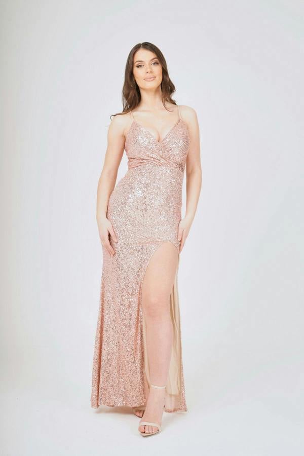 LuvForever Champagne Side-Split Sequin Maxi Dress